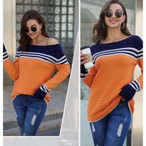 Color Block Sweater Womens Small S Viscose Blend Chunky Knit‎ Orange Navy